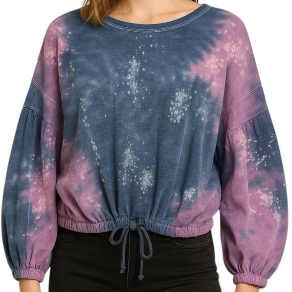 Vintage Havana Tie Dye Bishop Sleeve Drawstring Cinch Popover Lounge Top - Picture 1 of 14